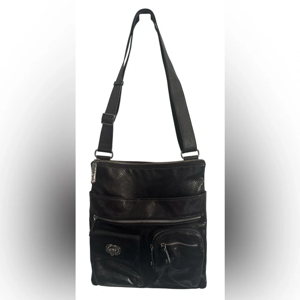 Brighton Black Leather Faux Snake Skin Multi Compartment Crossbody Shoulder Bag
